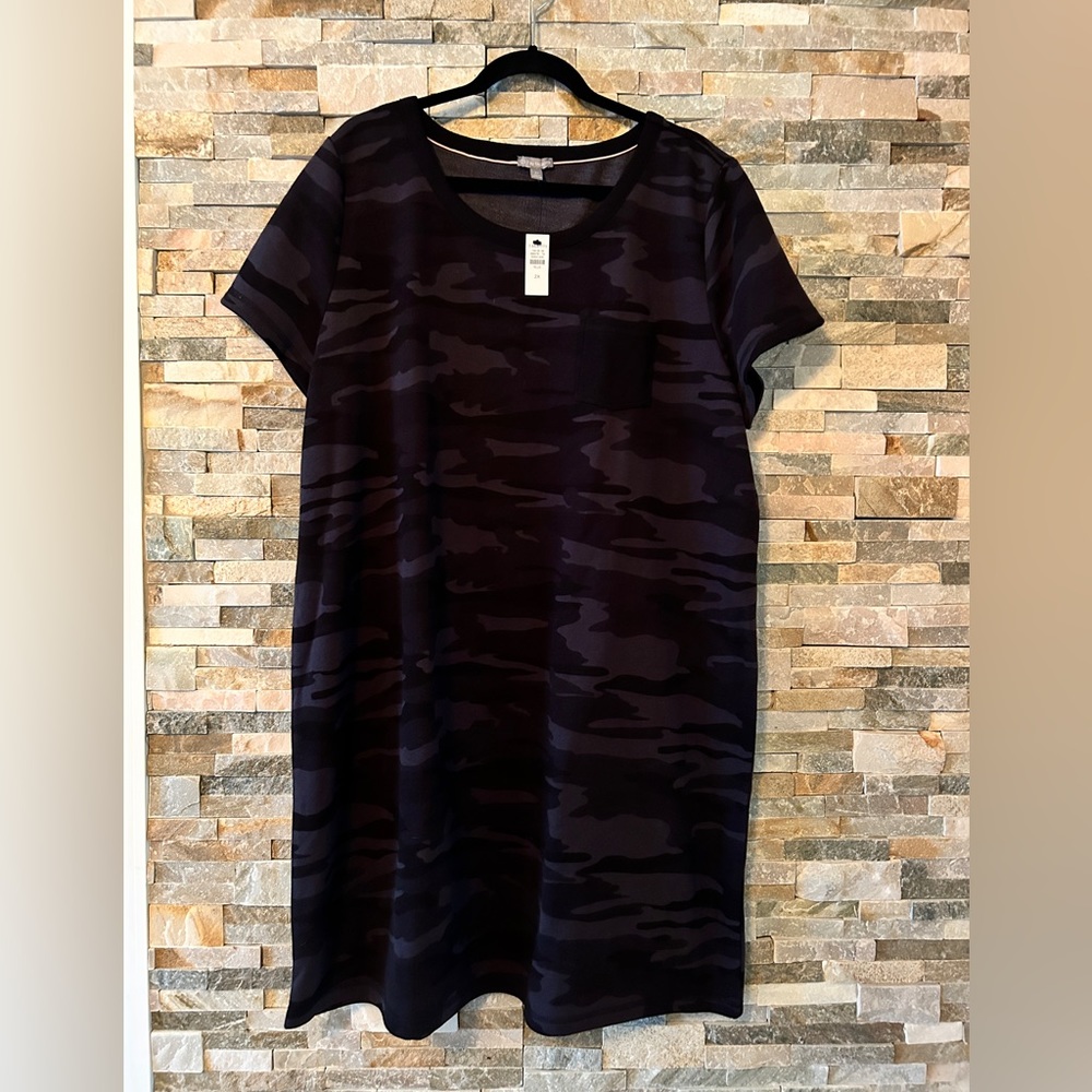 Talbots Black and Navy Camouflage Midi Shift Dress